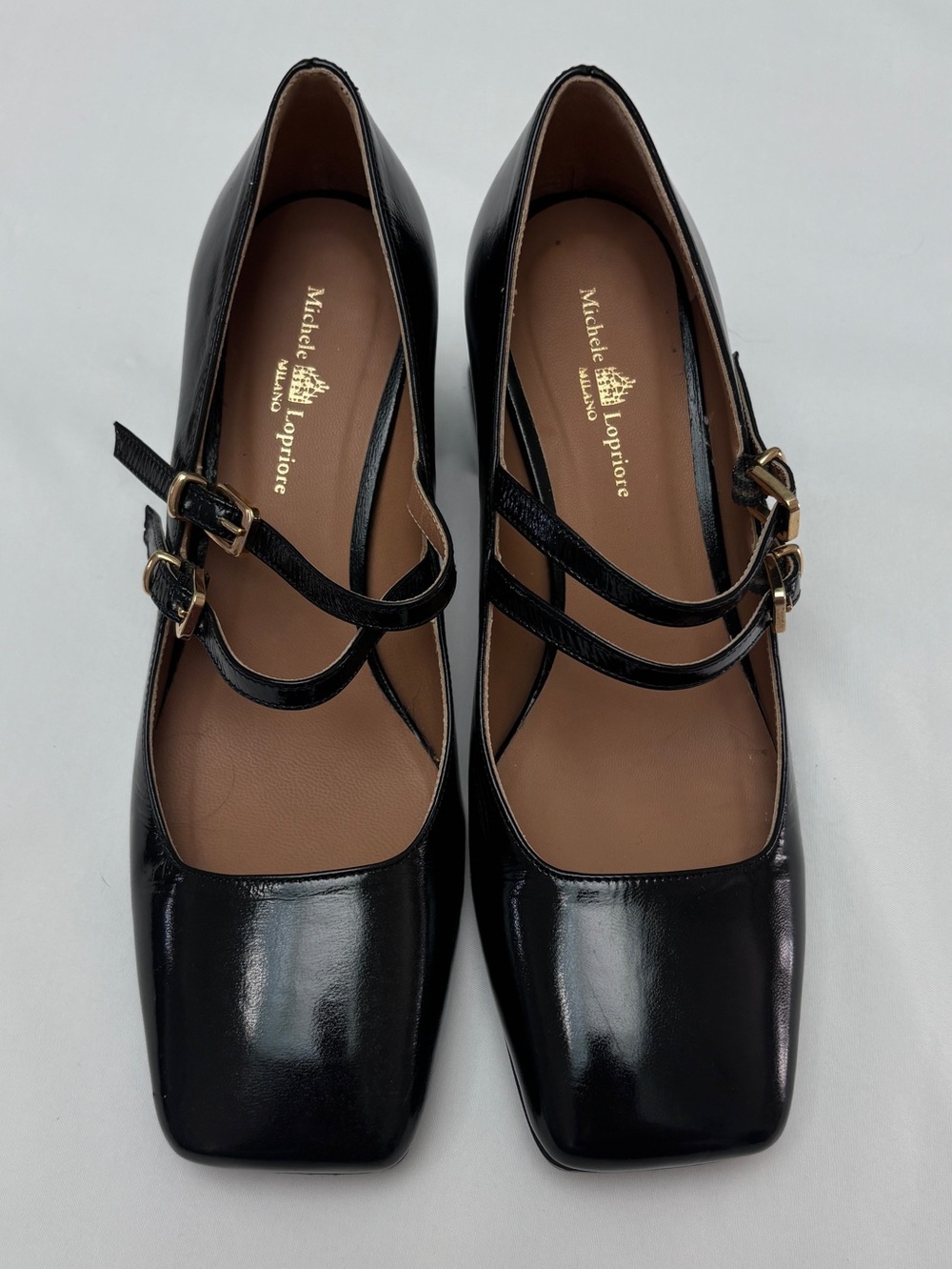 Michele Lopriore Luna Mary Jane Black Patent Leather Double-Strap Pumps
